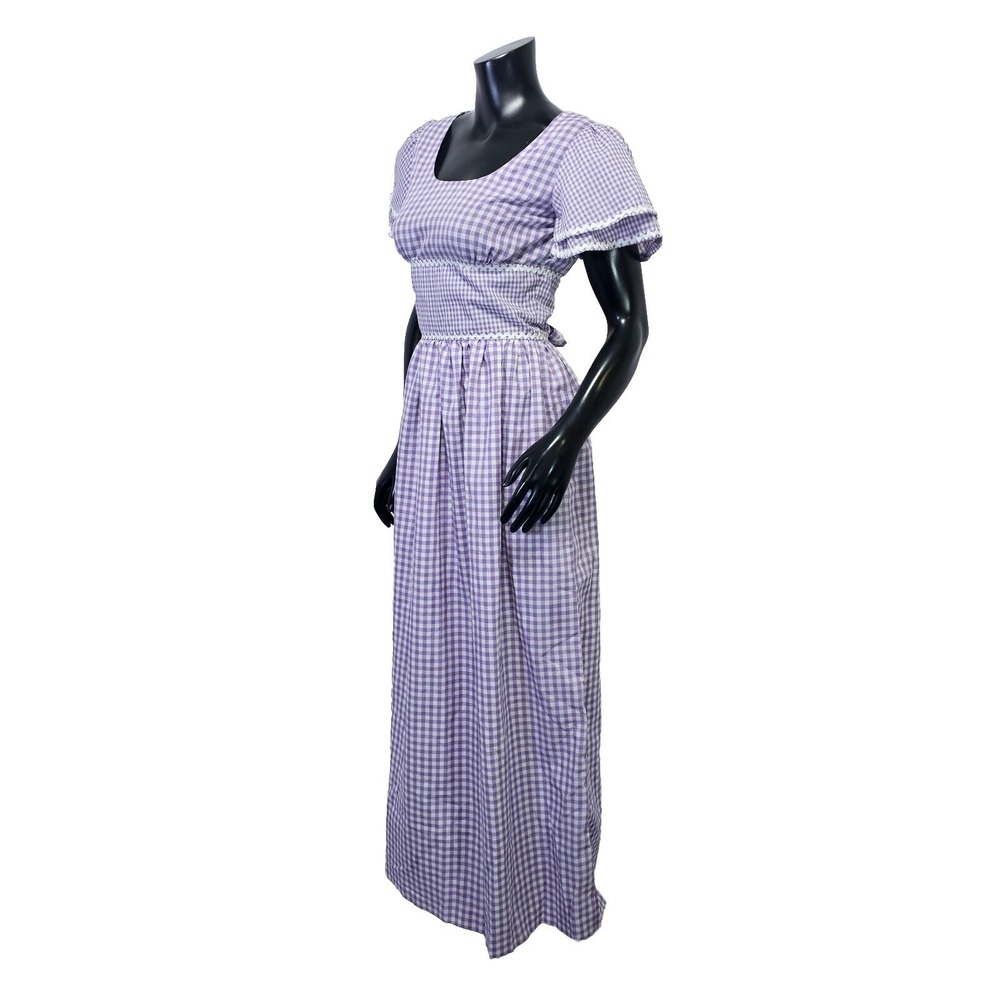 VTG 70s Purple Gingham Maxi‎ Dress Prairie Cottagecore Lace Trim Flutter Sleeve - Picture 12 of 16